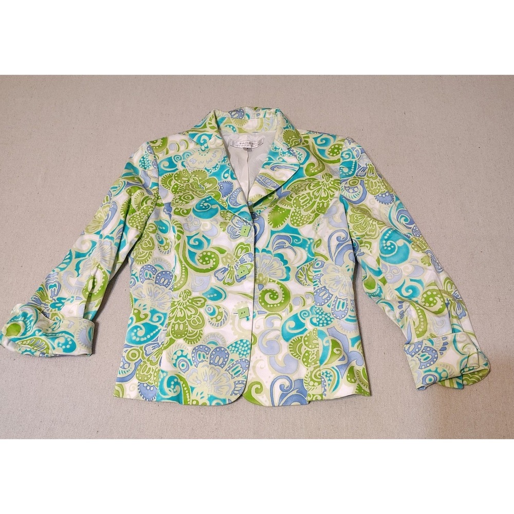 Tahari Arthur S Levine Women's Blazer Size 6 Floral Print Green Blue‎ White